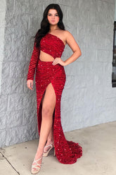 One Shoulder Sparkly Mermaid Sequined Red Prom Dress Long Evening Dress with Slit